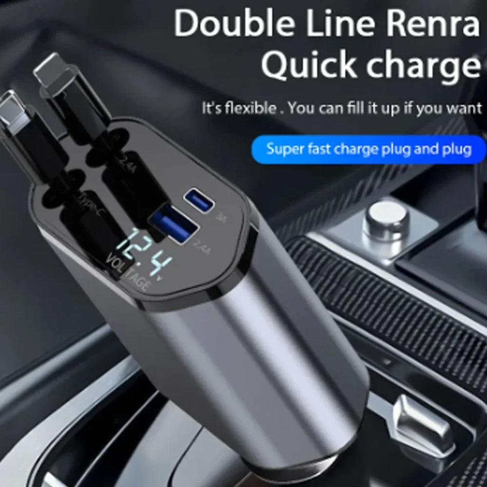 Car Charger 4‑in‑1 Retractable 120W Fast USB‑C & Lightning for iPhone & Samsung