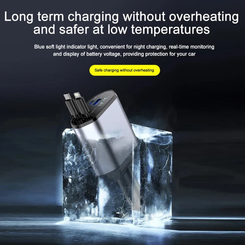 Car Charger 4‑in‑1 Retractable 120W Fast USB‑C & Lightning for iPhone & Samsung