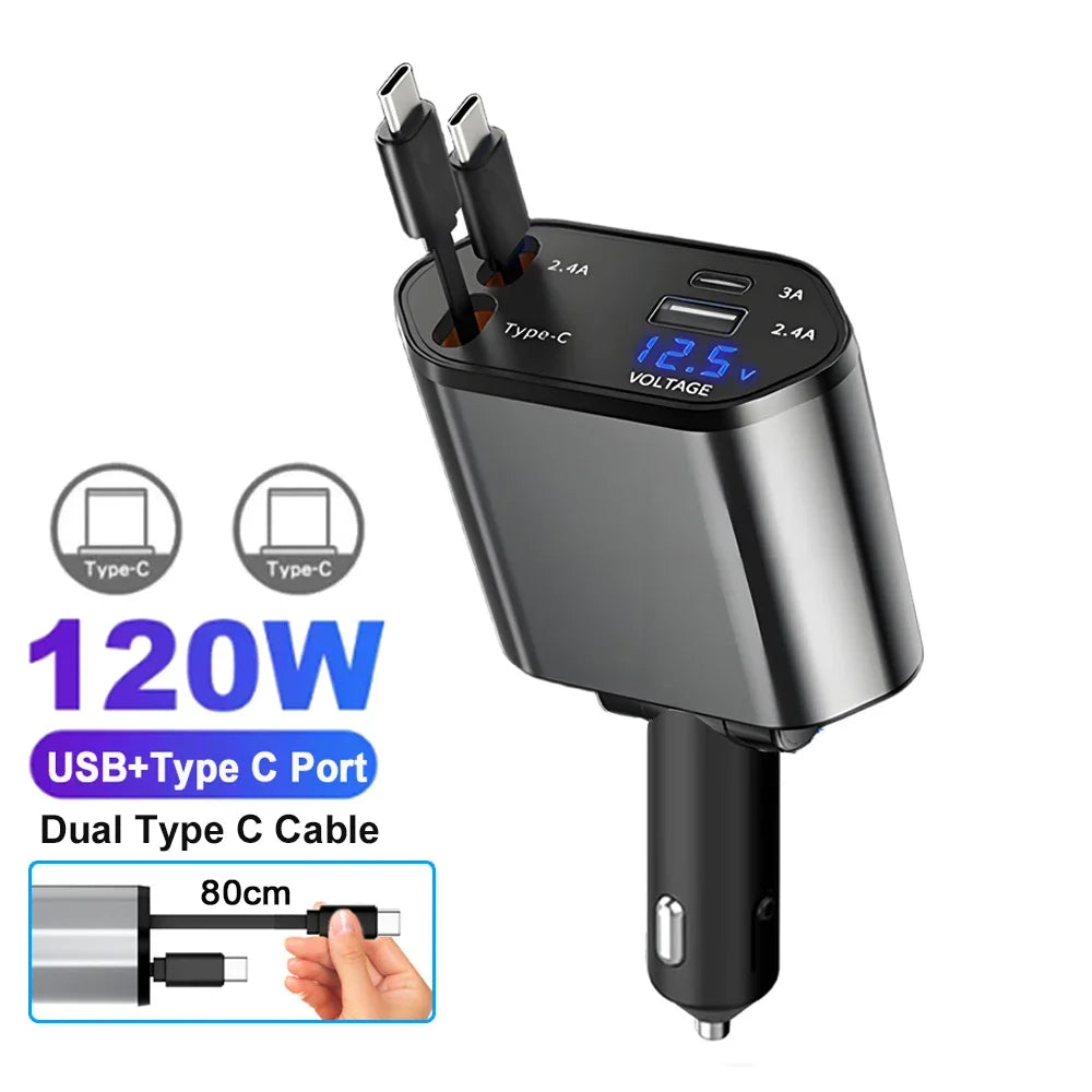 Car Charger 4‑in‑1 Retractable 120W Fast USB‑C & Lightning for iPhone & Samsung