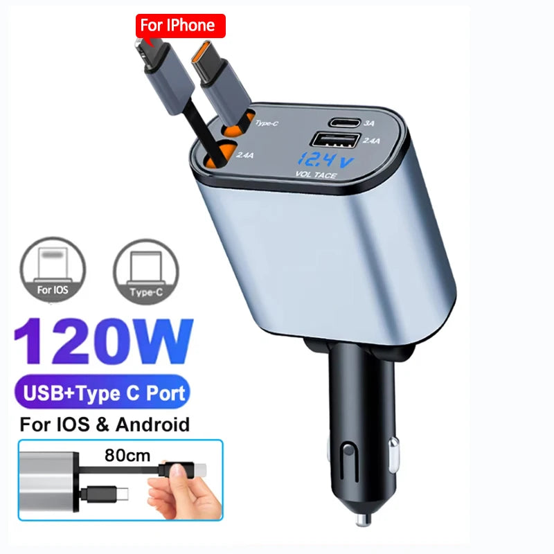 Car Charger 4‑in‑1 Retractable 120W Fast USB‑C & Lightning for iPhone & Samsung