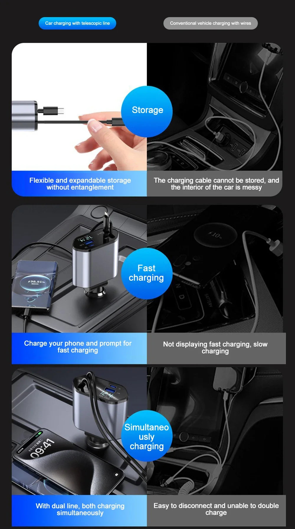 Car Charger 4‑in‑1 Retractable 120W Fast USB‑C & Lightning for iPhone & Samsung