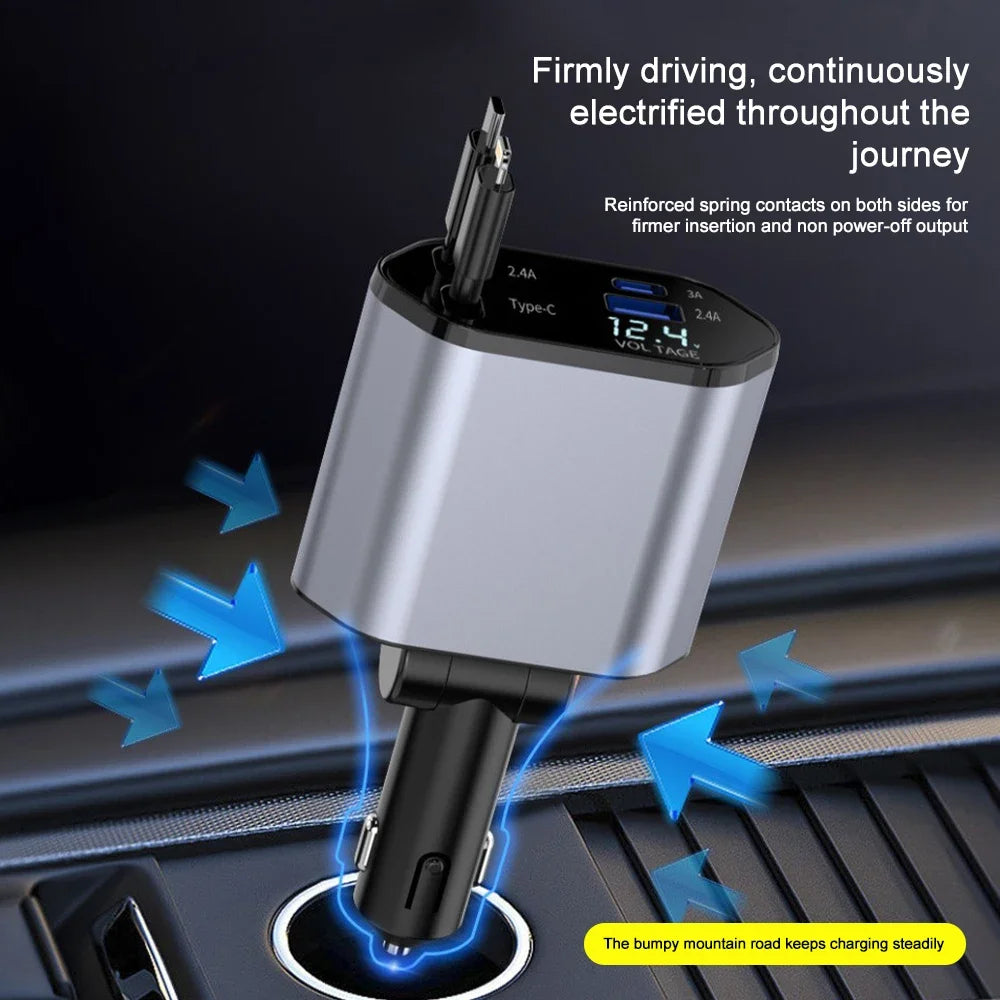 Car Charger 4‑in‑1 Retractable 120W Fast USB‑C & Lightning for iPhone & Samsung