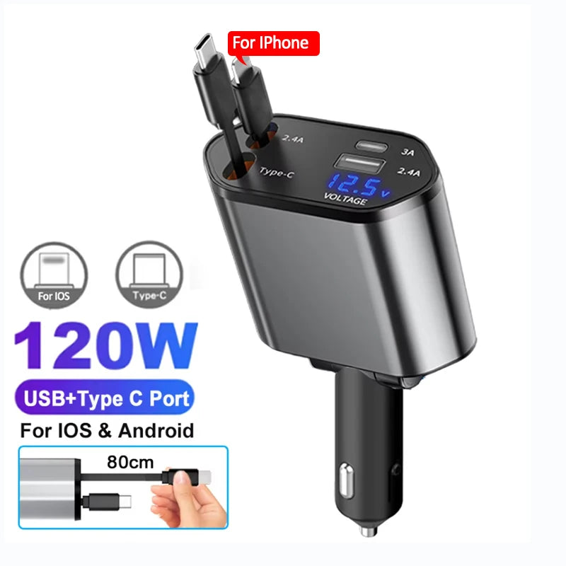 Car Charger 4‑in‑1 Retractable 120W Fast USB‑C & Lightning for iPhone & Samsung