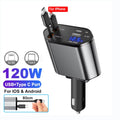 Car Charger 4‑in‑1 Retractable 120W Fast USB‑C & Lightning for iPhone & Samsung