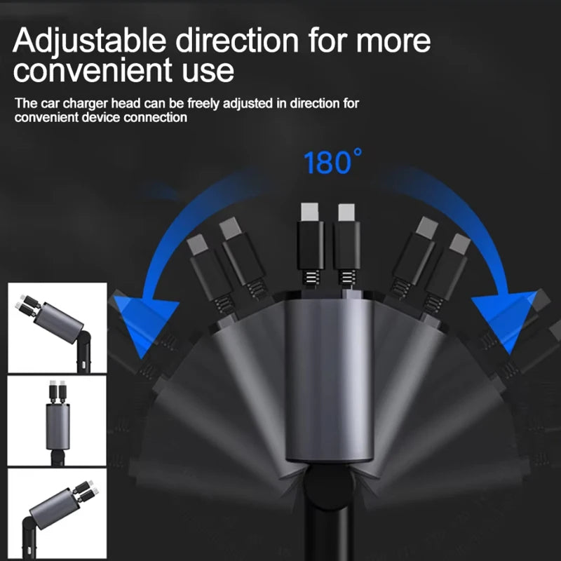 Car Charger 4‑in‑1 Retractable 120W Fast USB‑C & Lightning for iPhone & Samsung