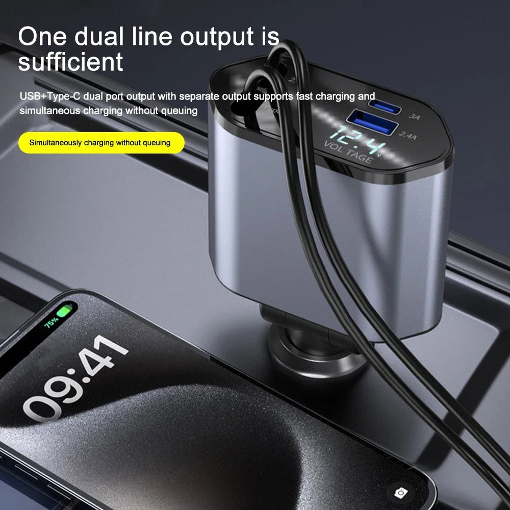 Car Charger 4‑in‑1 Retractable 120W Fast USB‑C & Lightning for iPhone & Samsung